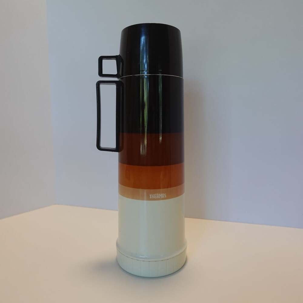 Vintage Thermos Retro Striped Brown Orange Tan Vacuum Bottle